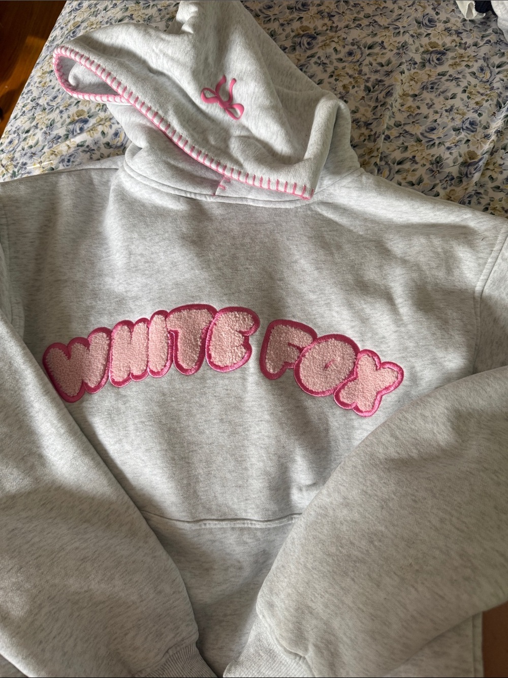 White Fox Boutique Gray Hoodie with Pink Puff Logo